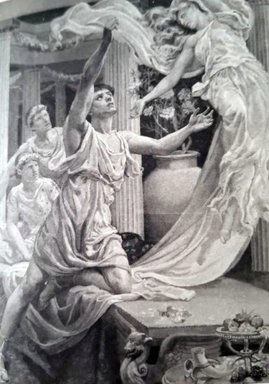 Hombre extendiendo un paño hacia una figura femenina en un entorno clásico.