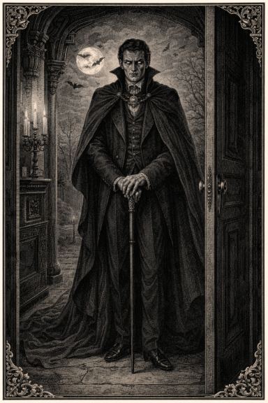 Hombre misterioso con capa, sosteniendo un bastón, en una habitación oscura con velas.