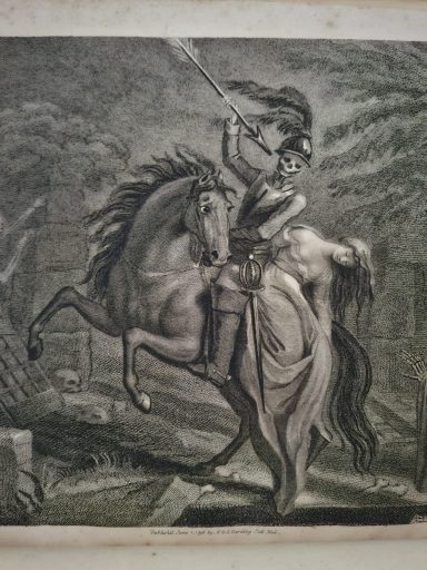 Caballero montado en un caballo, empuñando una lanza, con un fondo dramático.