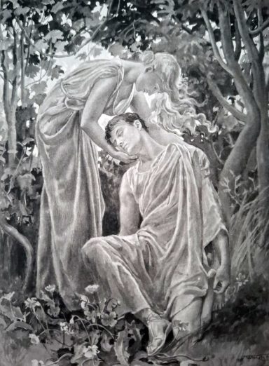 Una pareja se abraza en un entorno natural, rodeados de vegetación.