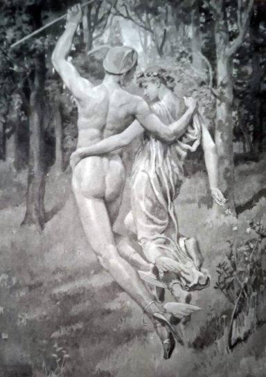 Escena de amor entre dos figuras en un entorno boscoso, con un toque mitológico.